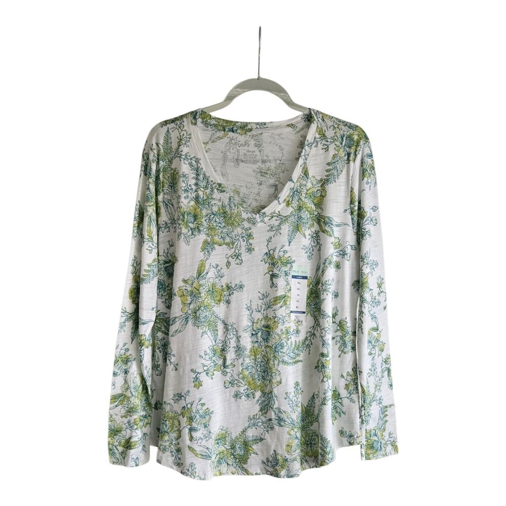 Blue Sol Womens XL T-Shirt Top L/S Floral Stretch V-Neck White